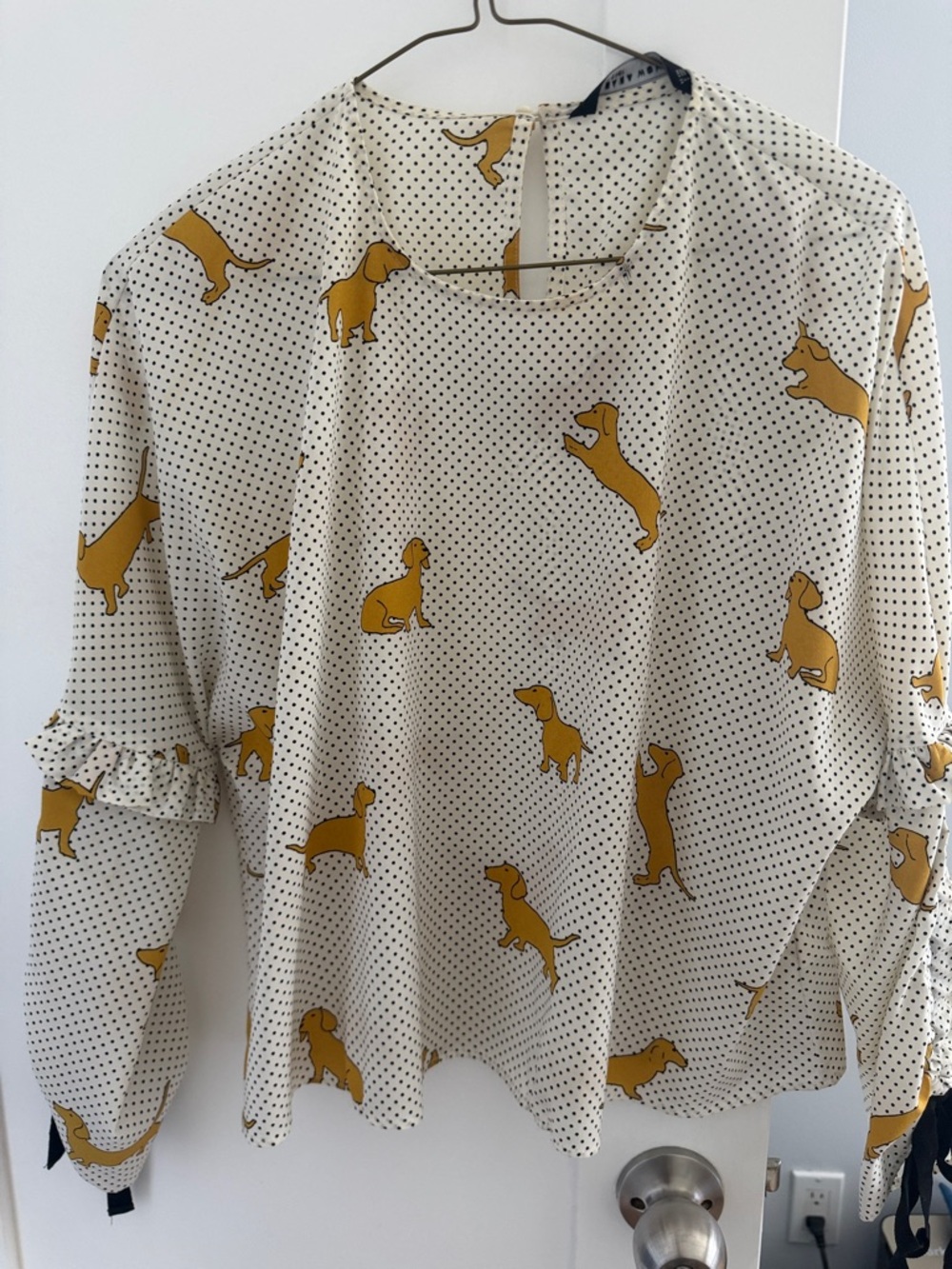 Zara Cream Polka Dot Blouse with Mustard Dog Print